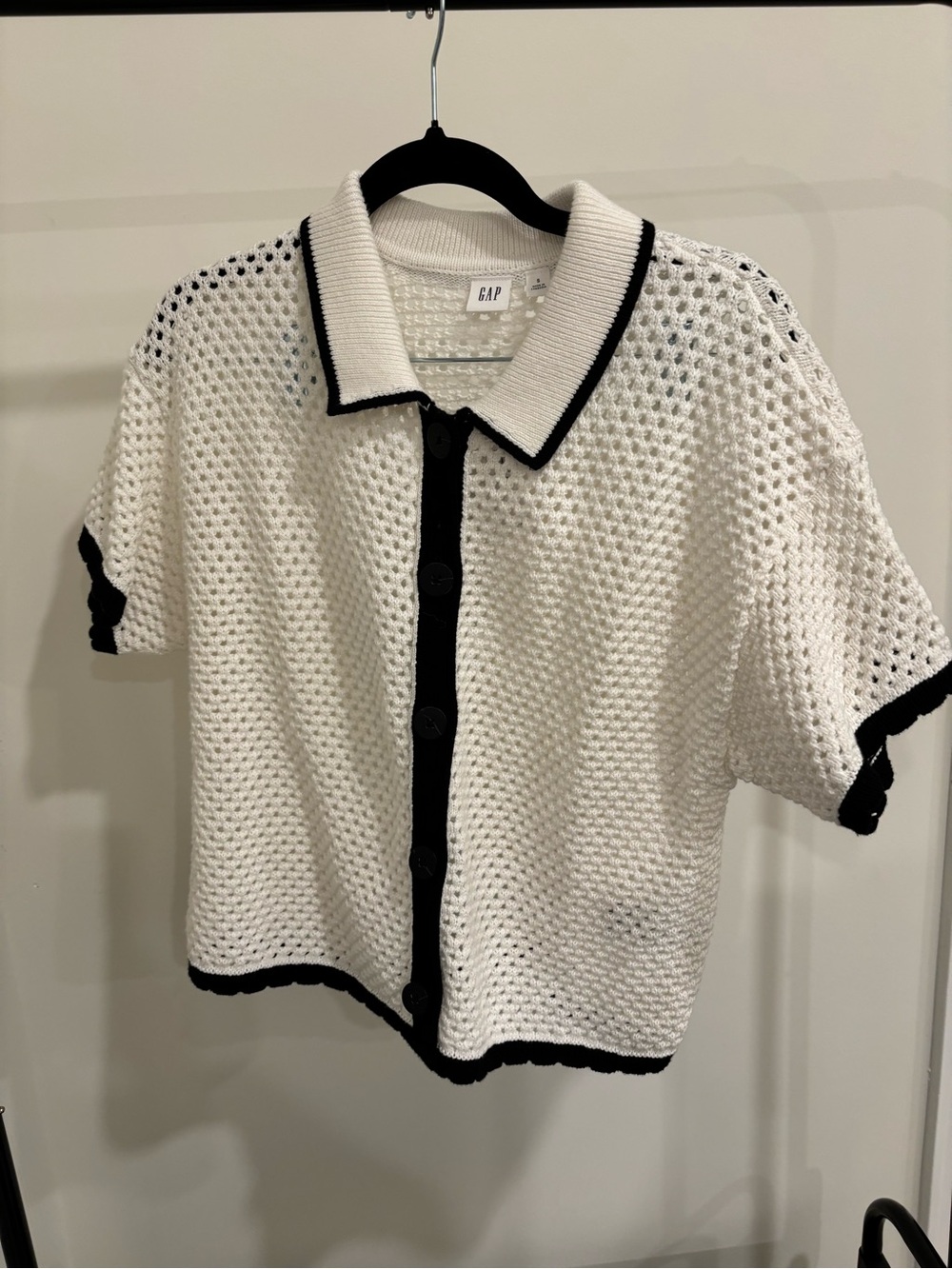 GAP White Open-Knit Polo Cardigan with Black Trim